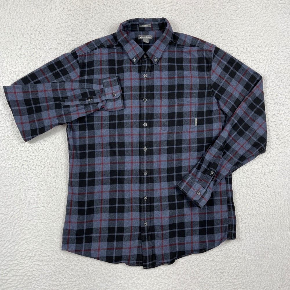 Eddie Bauer Flannel Shirt Mens TL Blue Black Plaid Classic Fit Gorpcore Outdoor